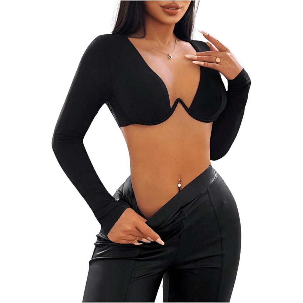 Shenhe Crop Top Women Black  Deep V Neck Long Sleeve Plunge Sexy Micro Crop Top
